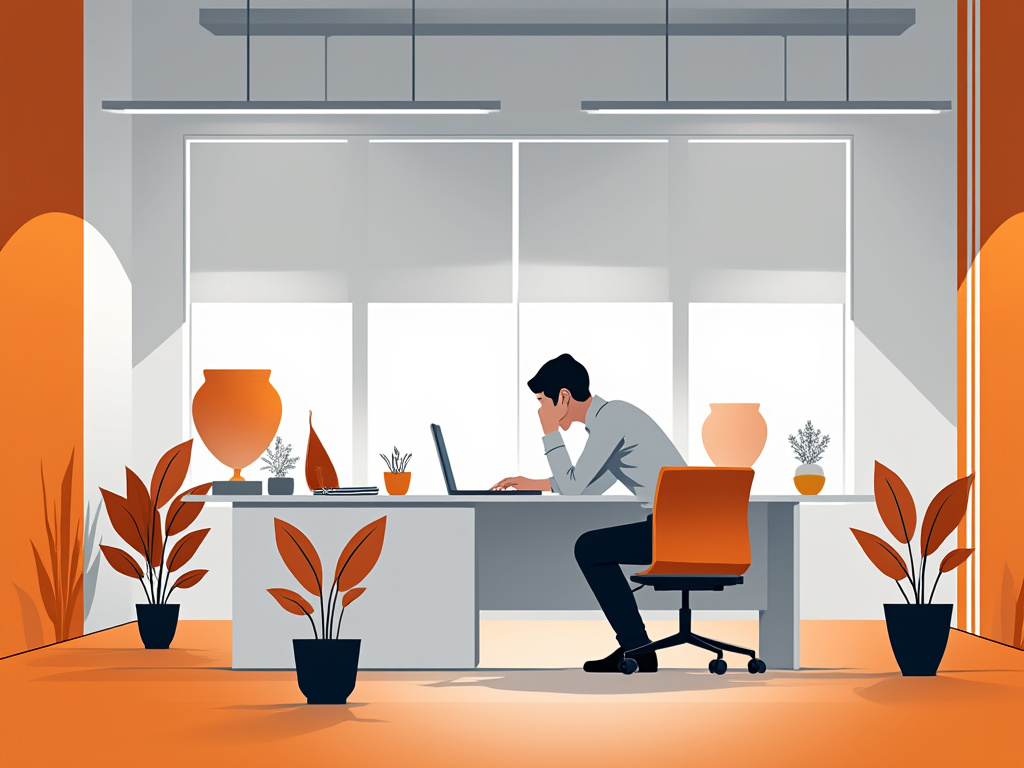 Ilustración minimalista de acoso laboral en oficina con tonos blancos y naranjas