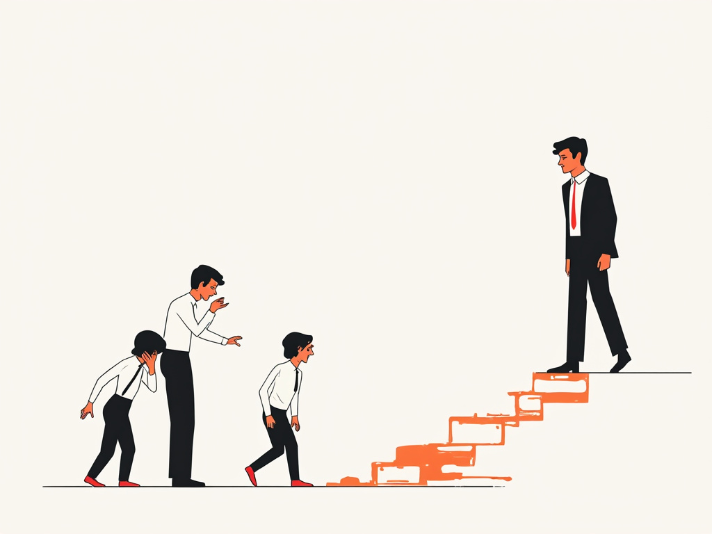 Ilustración minimalista de un jefe tóxico en un ambiente laboral con tonos blancos y naranjas.
